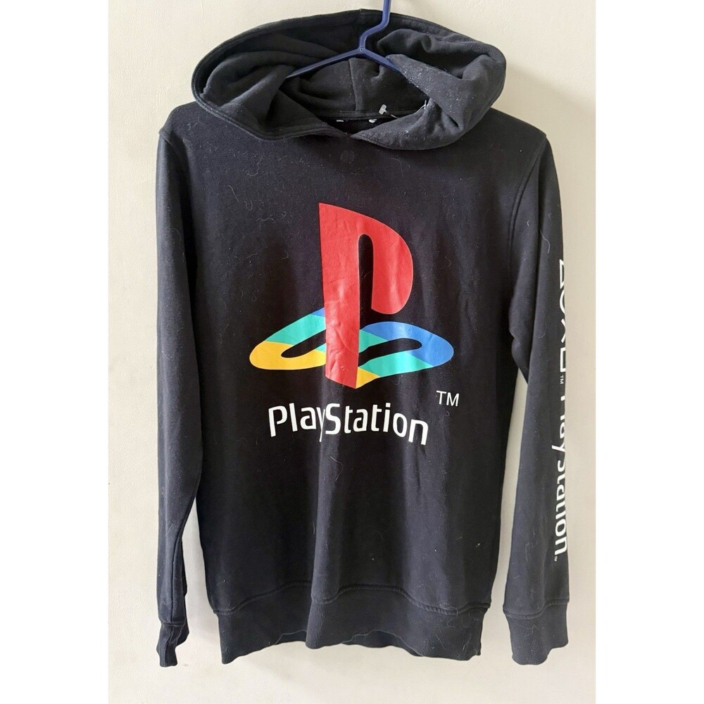 Play Station Logo Hoodie Black Pullover Sweatshirt Size S Organic Cotton